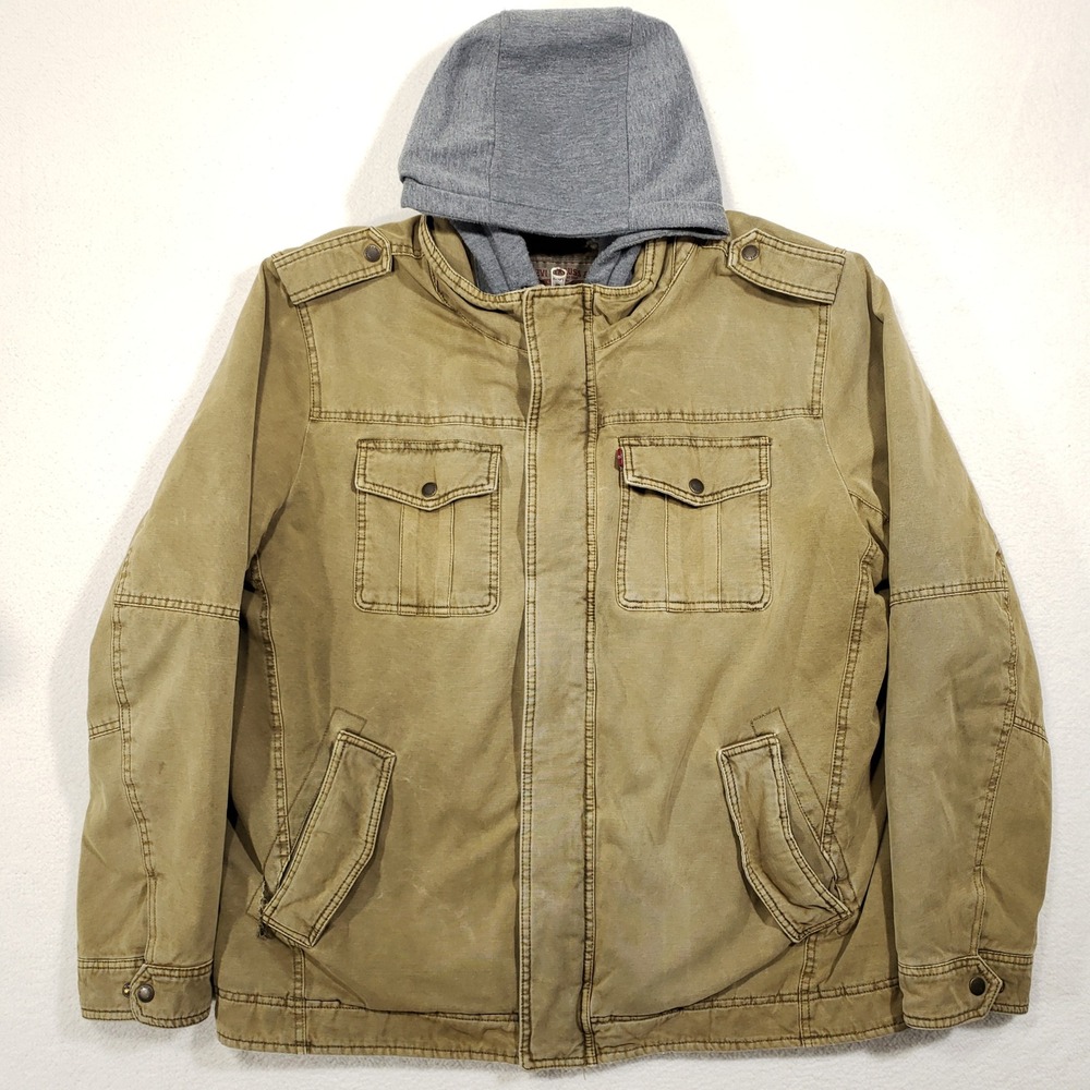 Levis Canvas Jacket Men XL Tan Sherpa Lined Zip In Hood Utility Coat Distressed